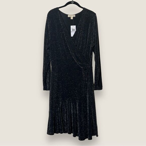 Michael Michael Kors, Metallic Knit Wrap Cocktail Dress, 1X Black, Gold, Silver - Picture 3 of 14